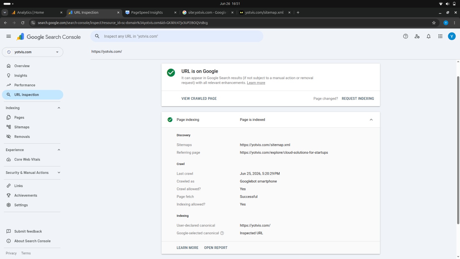 GSC URL Inspection — URL is on Google