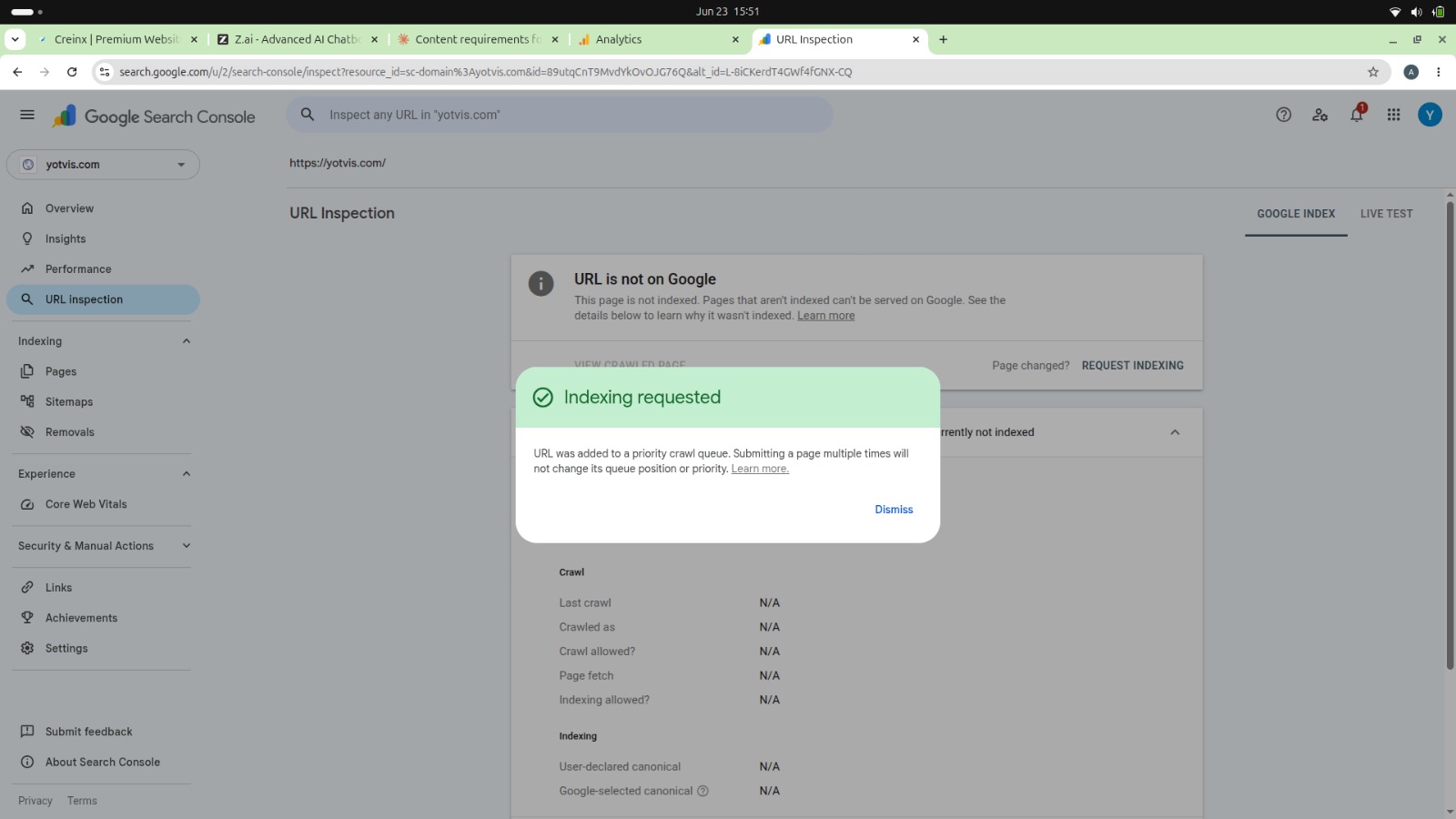 GSC — Indexing Requested Confirmation